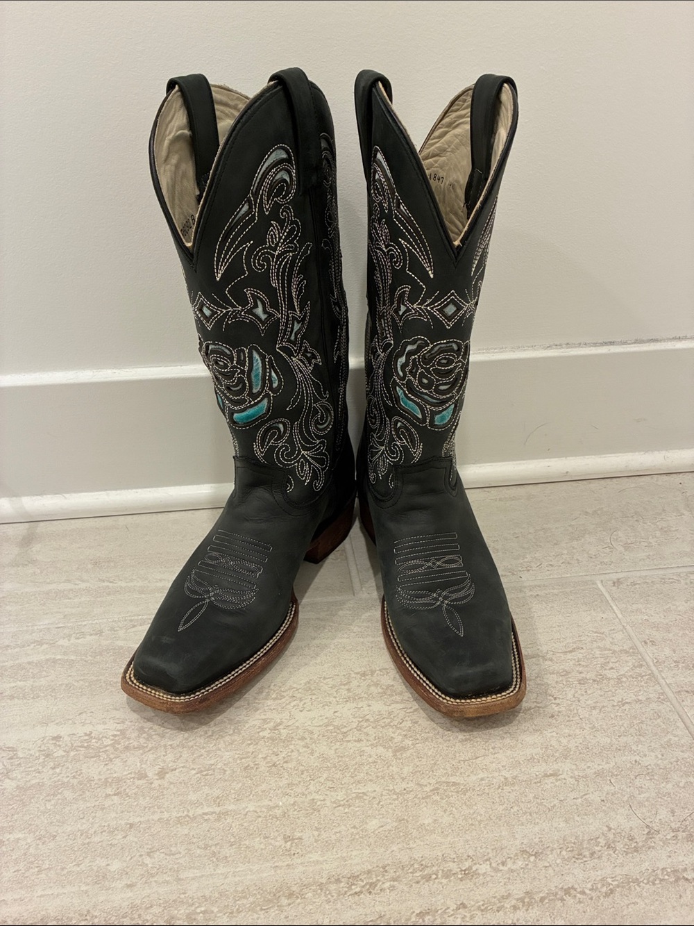 J.B. Dillon Black Leather Western Boots with Turquoise Inlay